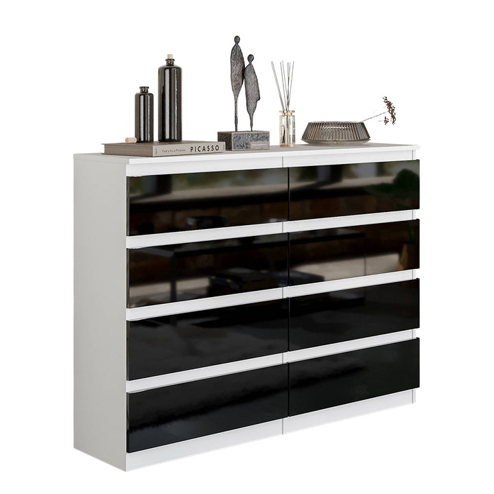 GABRIEL – kommode / sideboard med 8 skuffer – mat hvid / sort højglans – H92 cm B120 cm D33 cm