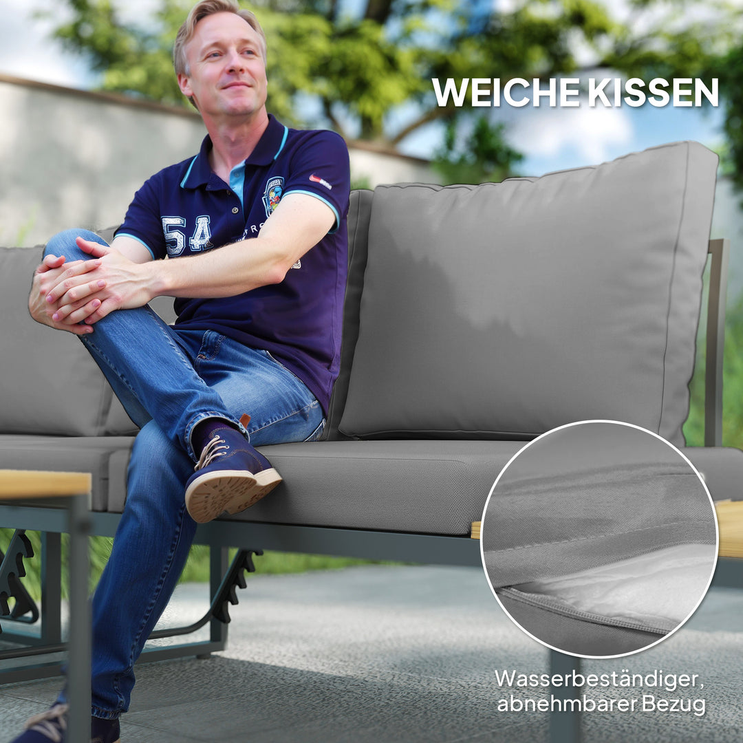 Havemøbelsæt, kan udvides til 6 sæder, l-formet udendørs siddeområde med borde, stålramme, justerbare ryglæn, grå