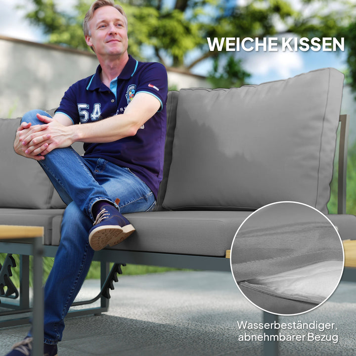 Havemøbelsæt, kan udvides til 6 sæder, l-formet udendørs siddeområde med borde, stålramme, justerbare ryglæn, grå