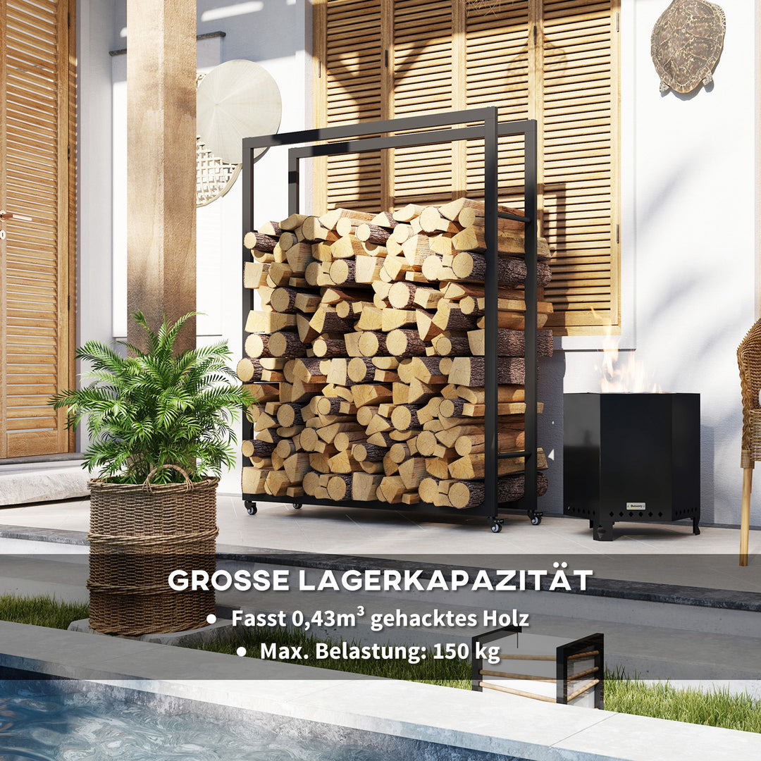 Brændereol med hjul, mobil, metalramme, op til 150 kg, 120 x 32 x 151 cm, sort