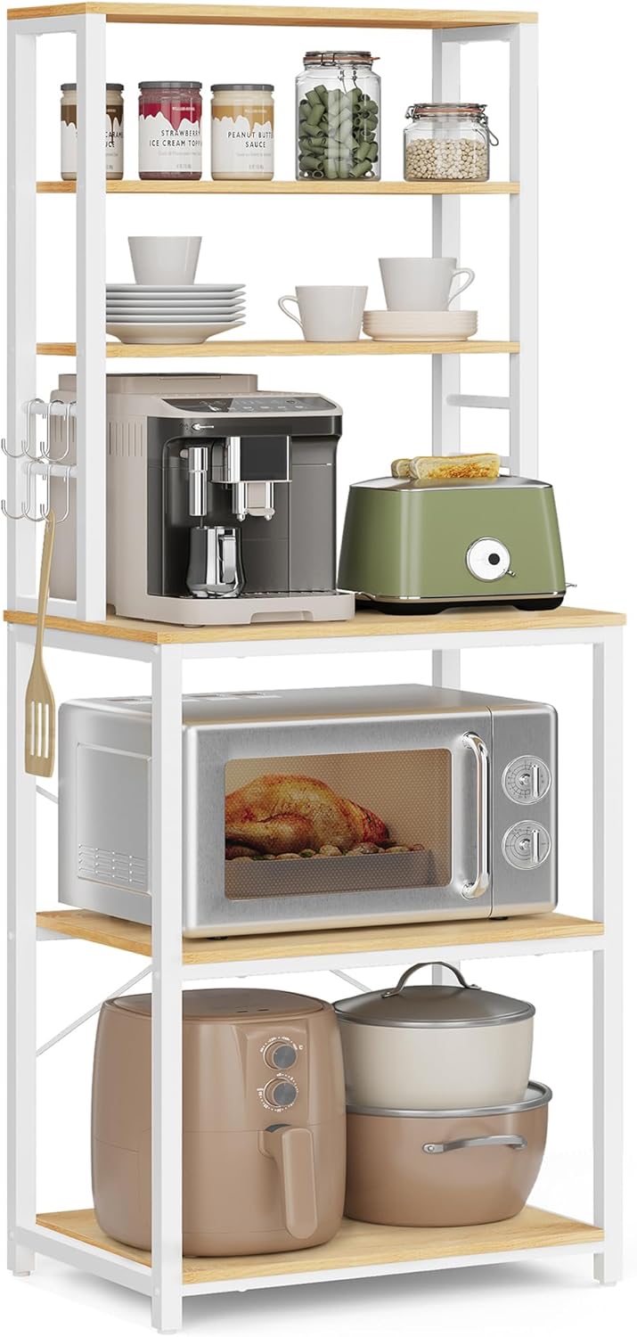 Køkkenopbevaringsreol, baker's rack med 6 hylder og 6 kroge, stålramme i industrielt design, egfarvet og hvid, mål 40 x 60 x 167 cm