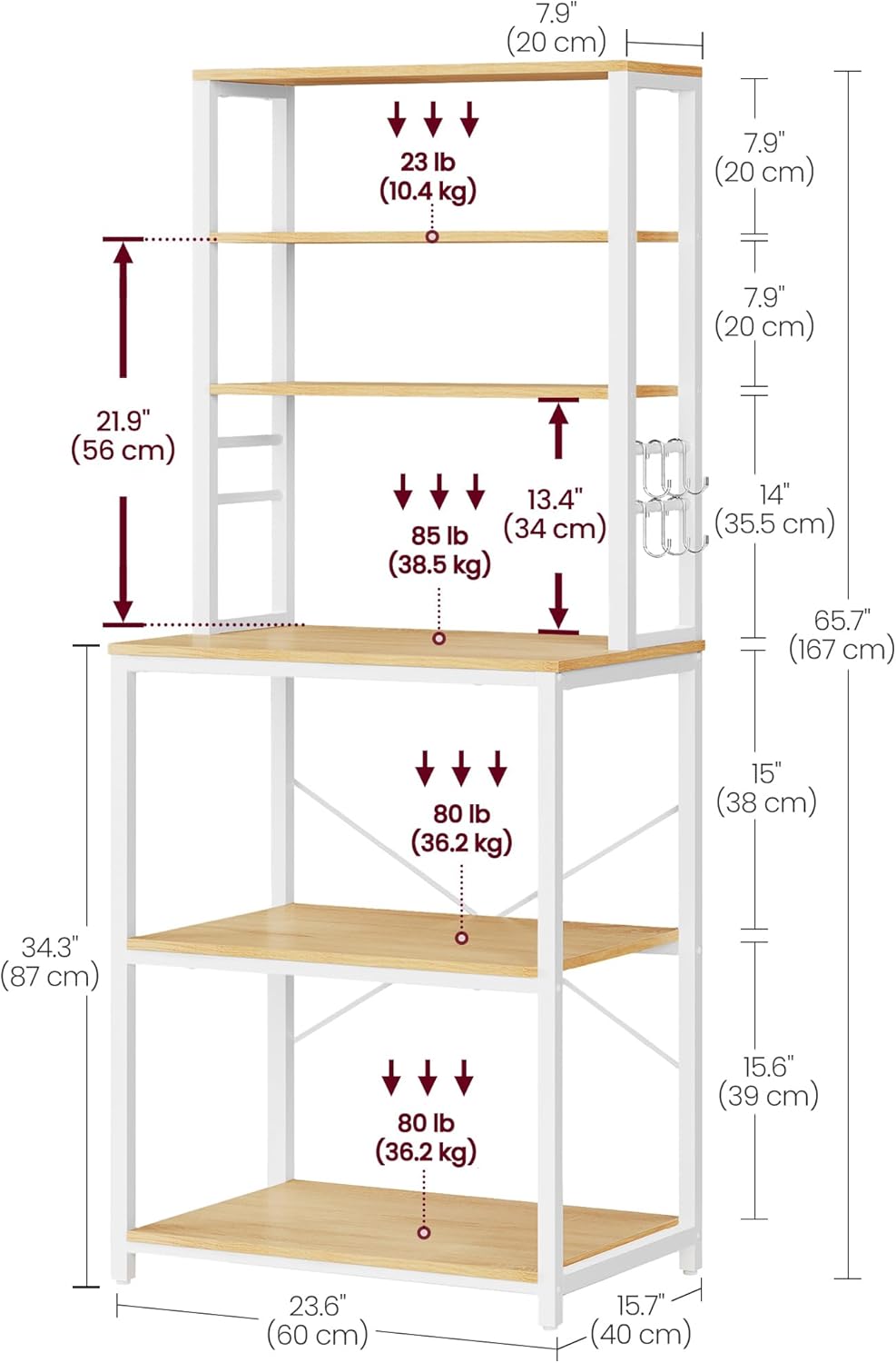 Køkkenopbevaringsreol, baker's rack med 6 hylder og 6 kroge, stålramme i industrielt design, egfarvet og hvid, mål 40 x 60 x 167 cm