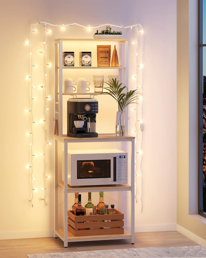 Køkkenopbevaringsreol, baker's rack med 6 hylder og 6 kroge, stålramme i industrielt design, egfarvet og hvid, mål 40 x 60 x 167 cm