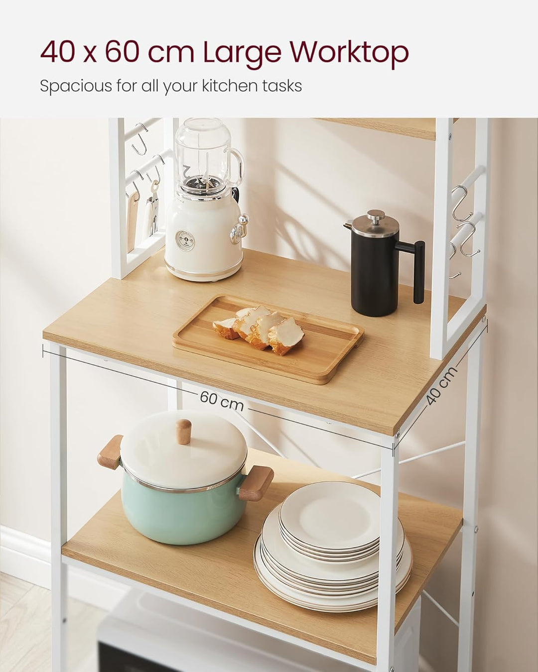 Køkkenopbevaringsreol, baker's rack med 6 hylder og 6 kroge, stålramme i industrielt design, egfarvet og hvid, mål 40 x 60 x 167 cm