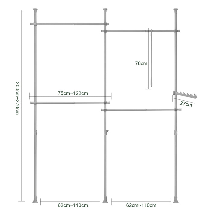 Få mere ud af dit soveværelse med en fleksibel teleskopgarderobe, H200-270 cm, L75-122 cm + 62-110 cm