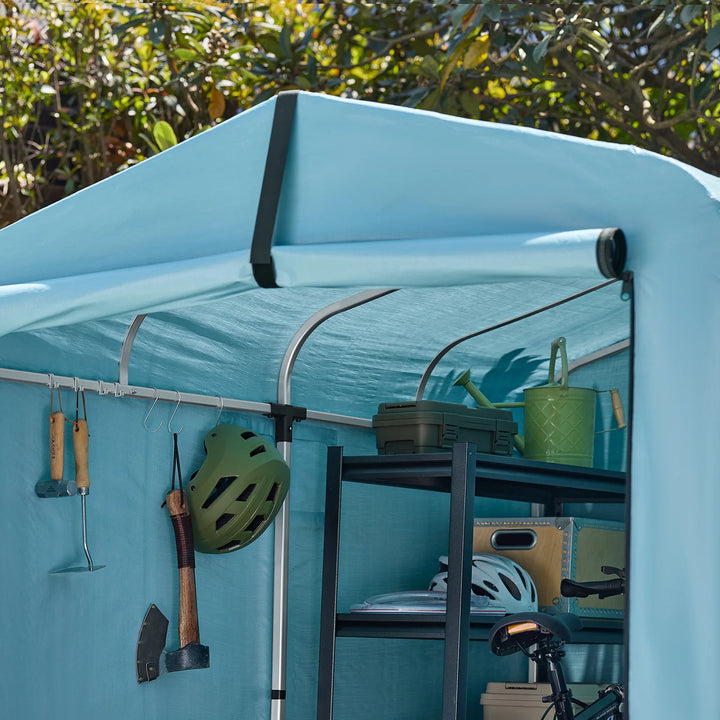 Robust og vejrbestandigt haveskur, lyseblå (159 x 219 x 165 cm)