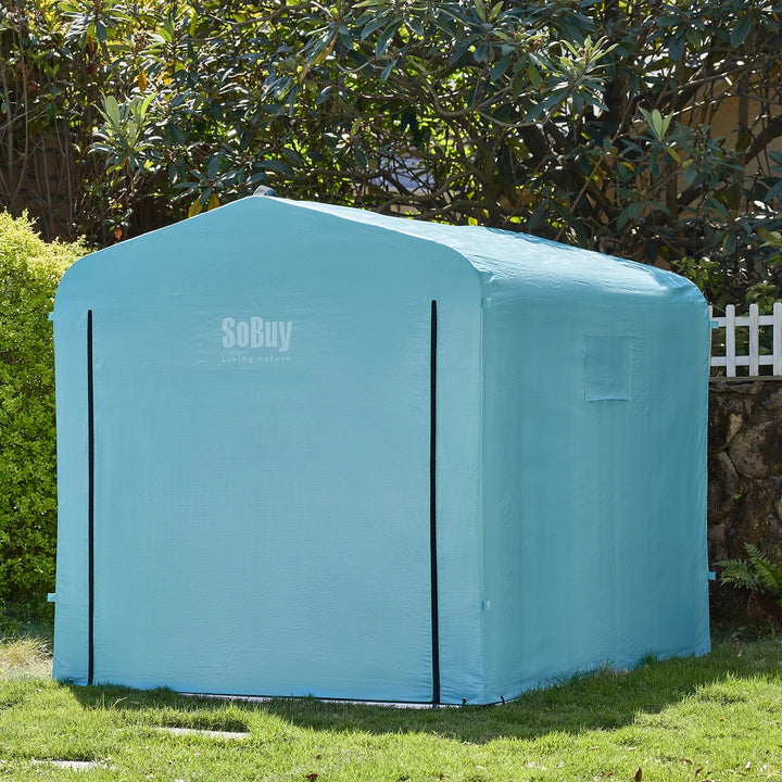 Robust og vejrbestandigt haveskur, lyseblå (159 x 219 x 165 cm)