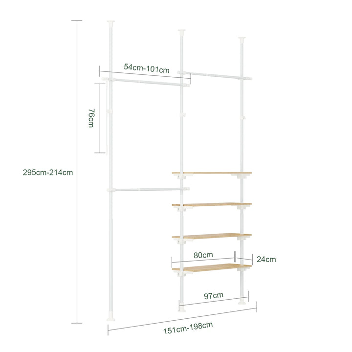 Justerbar teleskop tøjstativ med hylder og garderobestænger – hvid, kraftig og åben garderobeløsning
