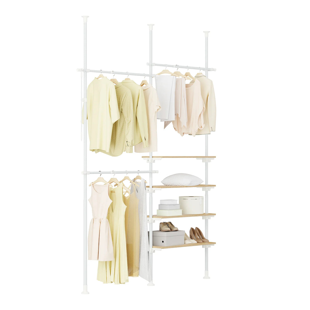 Justerbar teleskop tøjstativ med hylder og garderobestænger – hvid, kraftig og åben garderobeløsning