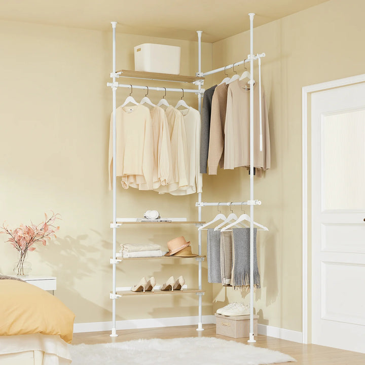 Justerbar teleskop tøjstativ med hylder og garderobestænger – hvid, kraftig og åben garderobeløsning
