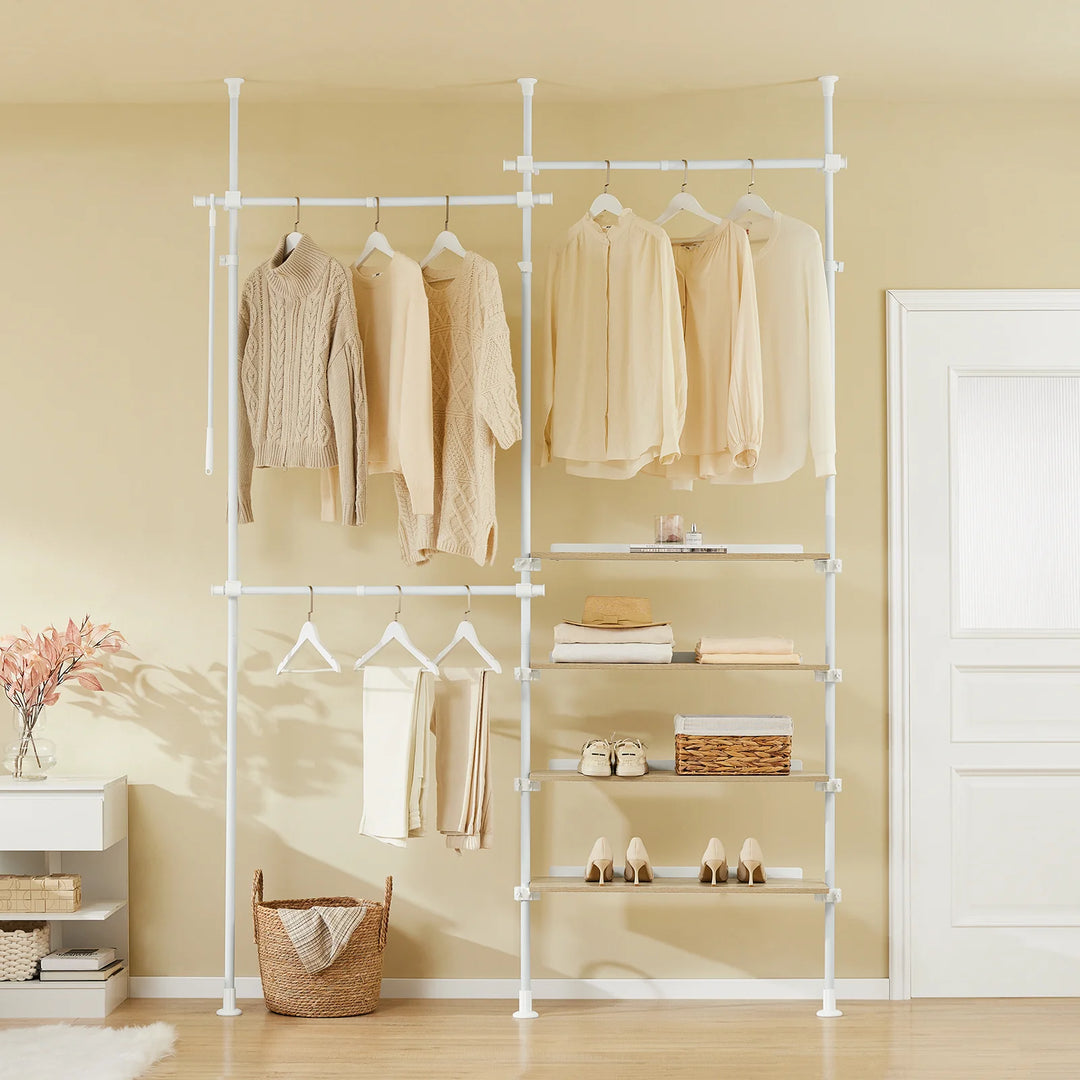 Justerbar teleskop tøjstativ med hylder og garderobestænger – hvid, kraftig og åben garderobeløsning