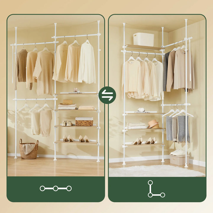 Justerbar teleskop tøjstativ med hylder og garderobestænger – hvid, kraftig og åben garderobeløsning