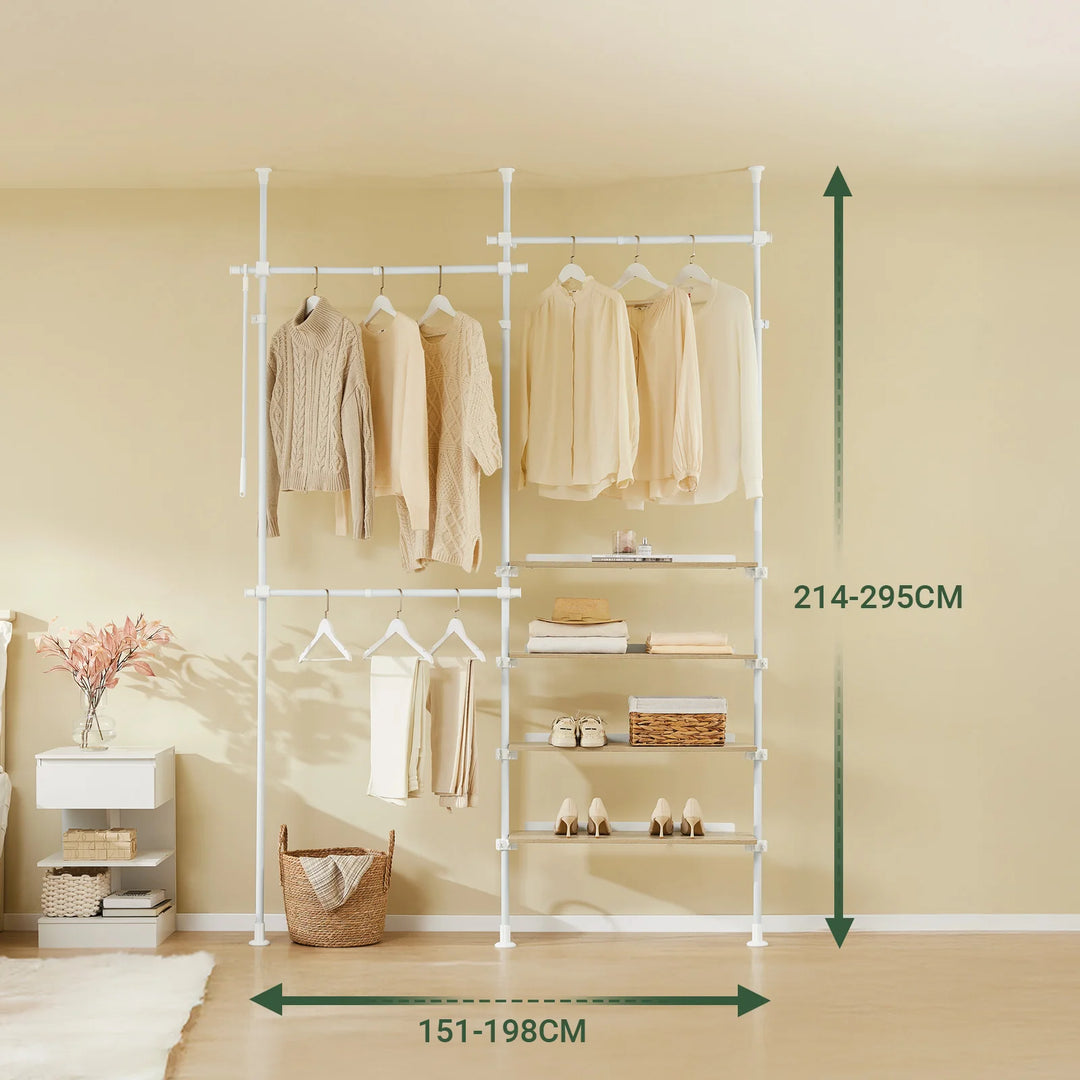 Justerbar teleskop tøjstativ med hylder og garderobestænger – hvid, kraftig og åben garderobeløsning