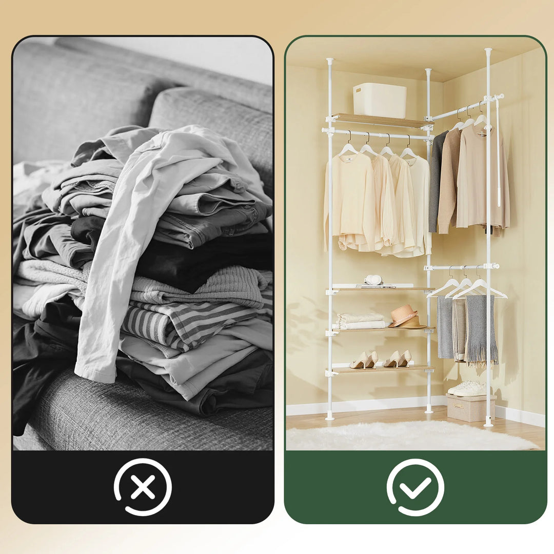 Justerbar teleskop tøjstativ med hylder og garderobestænger – hvid, kraftig og åben garderobeløsning