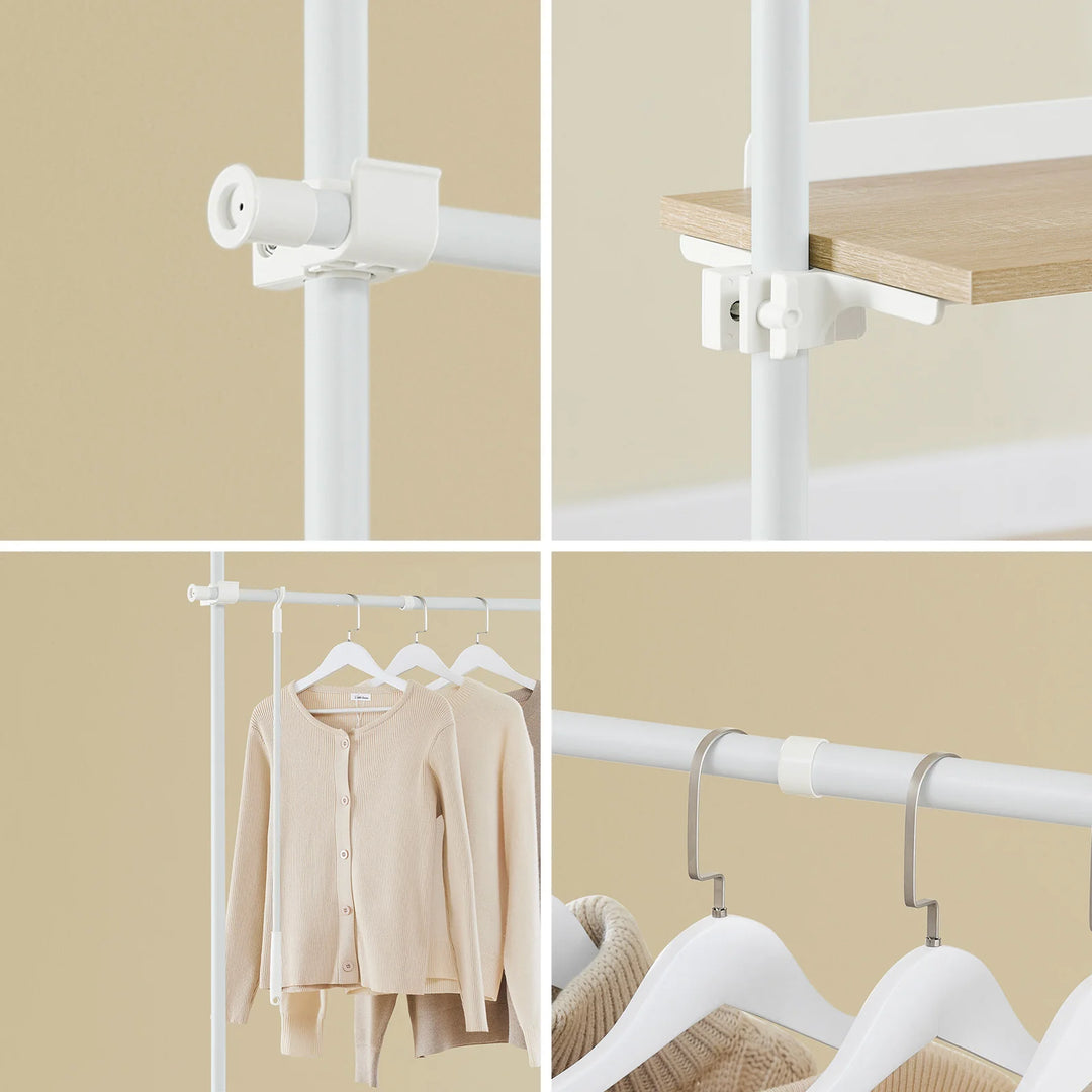 Justerbar teleskop tøjstativ med hylder og garderobestænger – hvid, kraftig og åben garderobeløsning