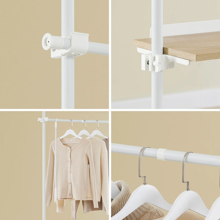 Justerbar teleskop tøjstativ med hylder og garderobestænger – hvid, kraftig og åben garderobeløsning