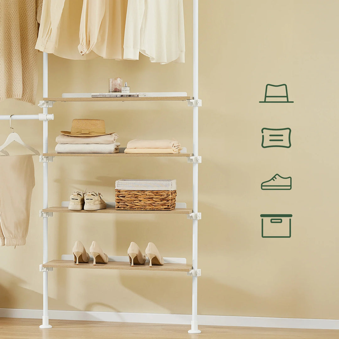 Justerbar teleskop tøjstativ med hylder og garderobestænger – hvid, kraftig og åben garderobeløsning