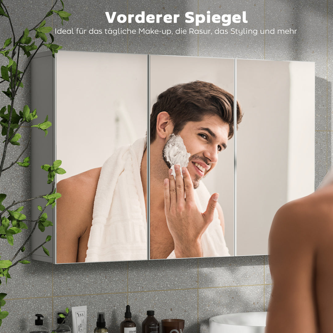 Spejlskab til badeværelse, badeværelsesskab med 3 spejldøre, vægmonteret, 90 x 15,5 x 60 cm, spånplade, hvid