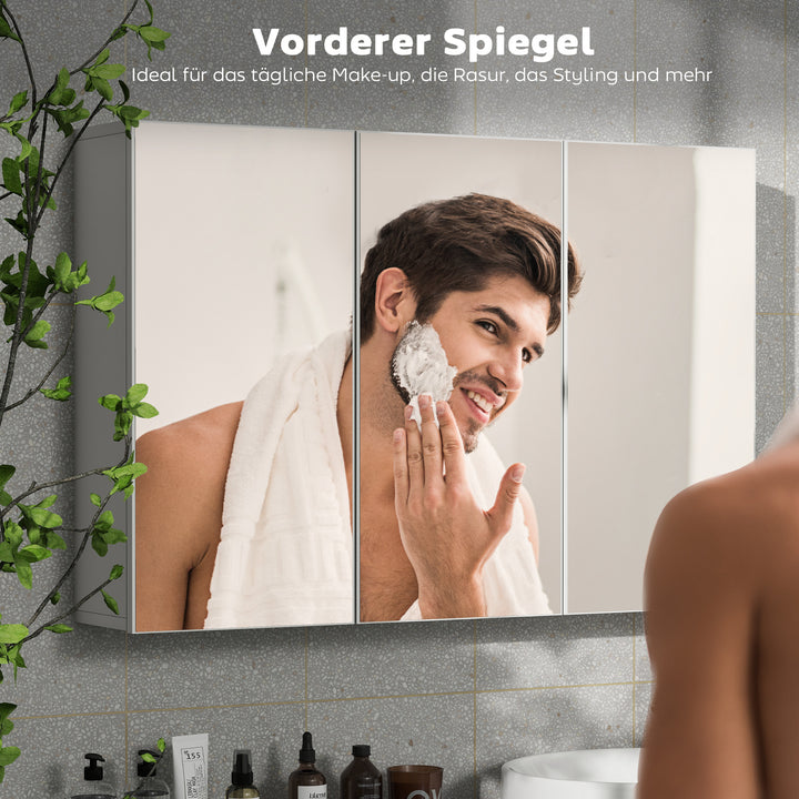 Spejlskab til badeværelse, badeværelsesskab med 3 spejldøre, vægmonteret, 90 x 15,5 x 60 cm, spånplade, hvid