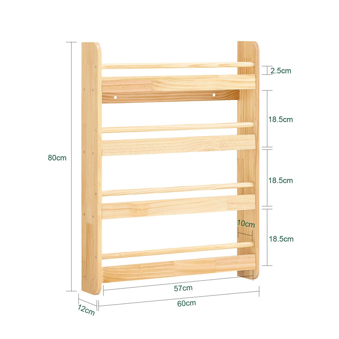Børnebogreol i naturfarve – vægmonteret bog- og legetøjsreol med 4 niveauer (60 × 12 × 80 cm)