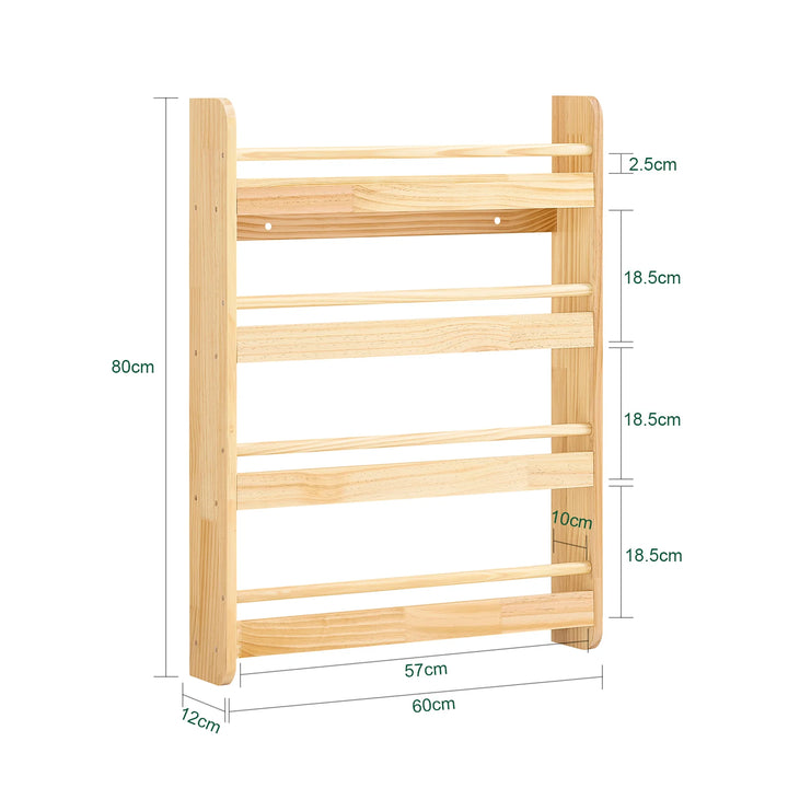 Børnebogreol i naturfarve – vægmonteret bog- og legetøjsreol med 4 niveauer (60 × 12 × 80 cm)