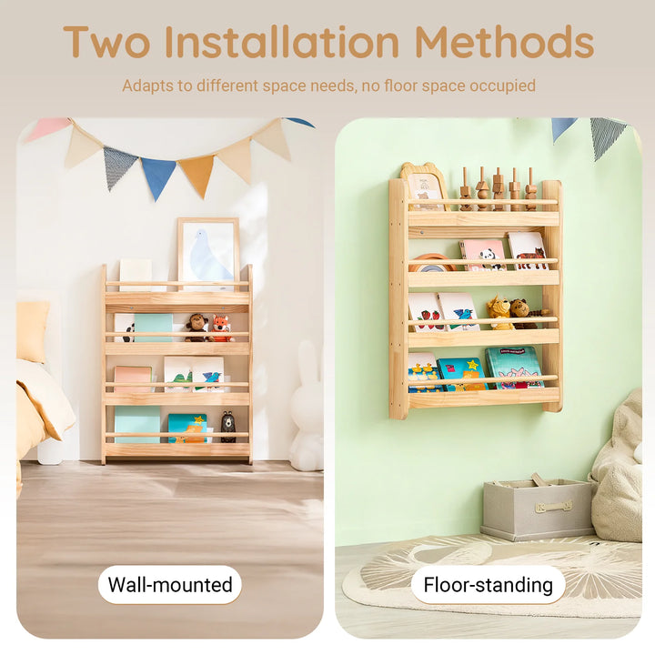 Børnebogreol i naturfarve – vægmonteret bog- og legetøjsreol med 4 niveauer (60 × 12 × 80 cm)