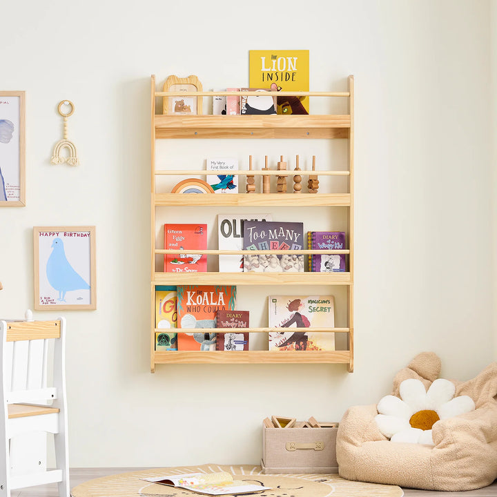 Børnebogreol i naturfarve – vægmonteret bogreol med 4 niveauer til bøger og legetøj (80 × 12 × 118 cm)