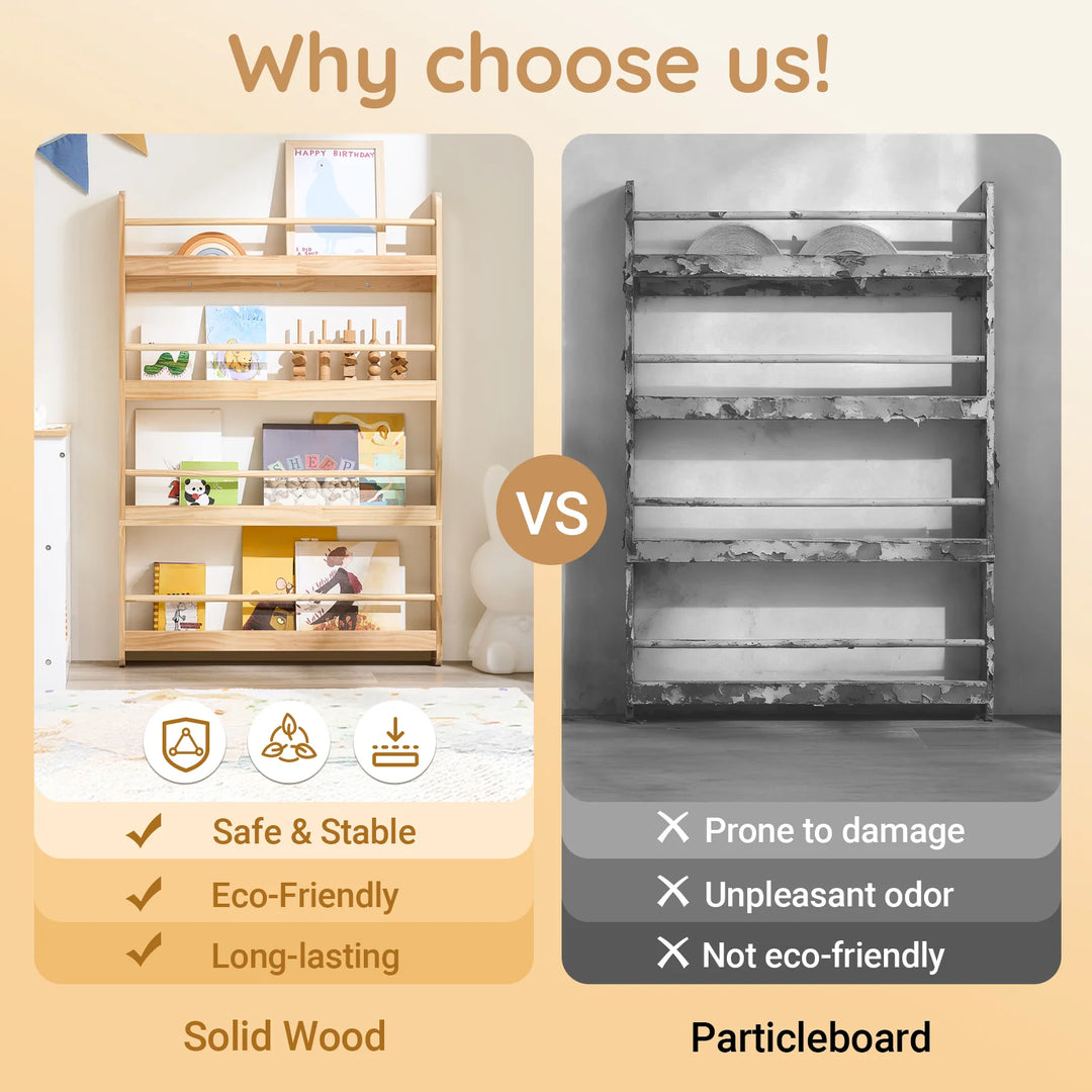 Børnebogreol i naturfarve – vægmonteret bogreol med 4 niveauer til bøger og legetøj (80 × 12 × 118 cm)