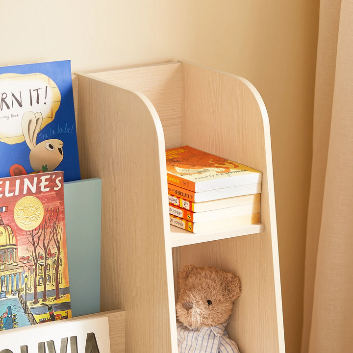 Børnebogreol med 4 hylder, 63x30x90 cm, naturfarvet med grøn