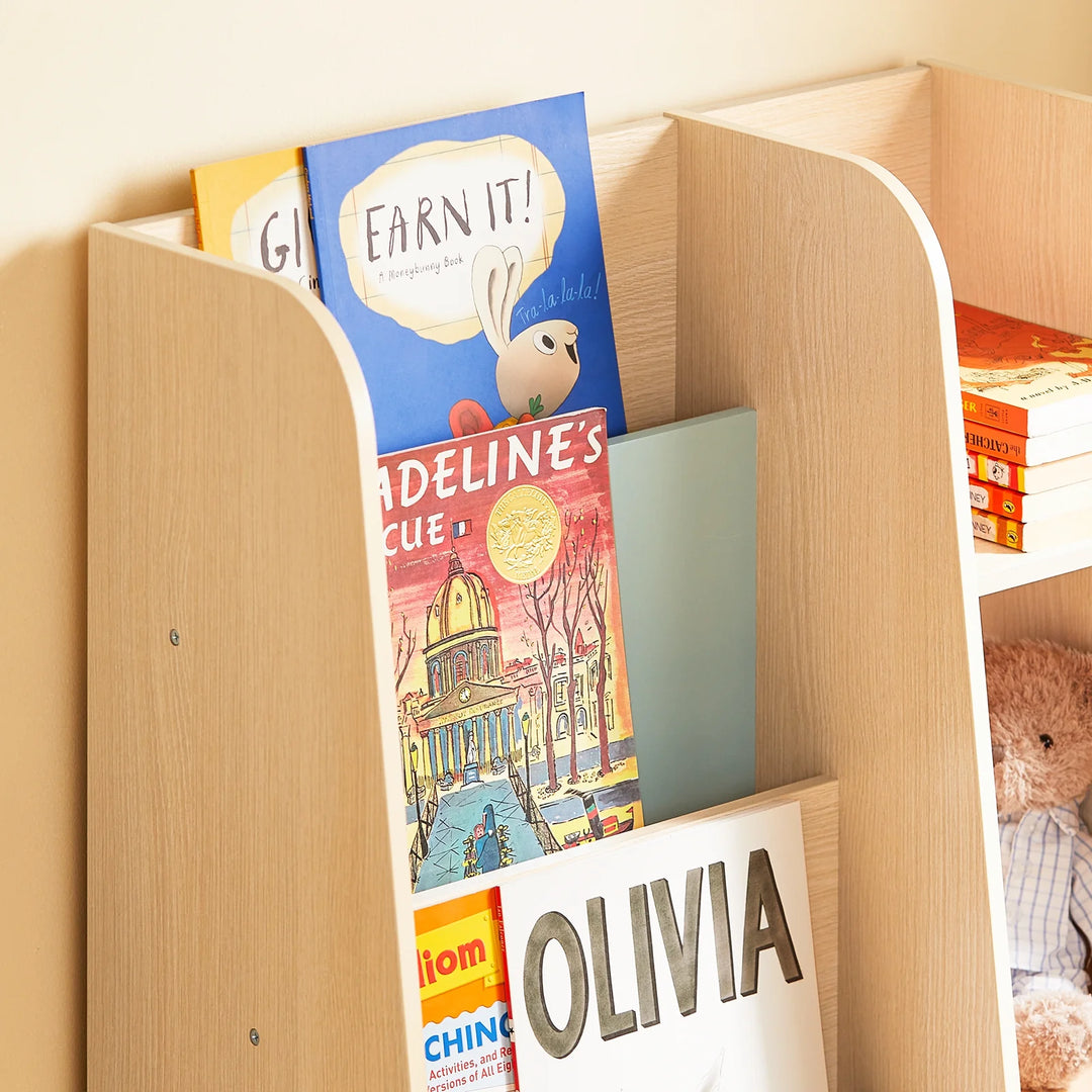 Børnebogreol med 4 hylder, 63x30x90 cm, naturfarvet med grøn