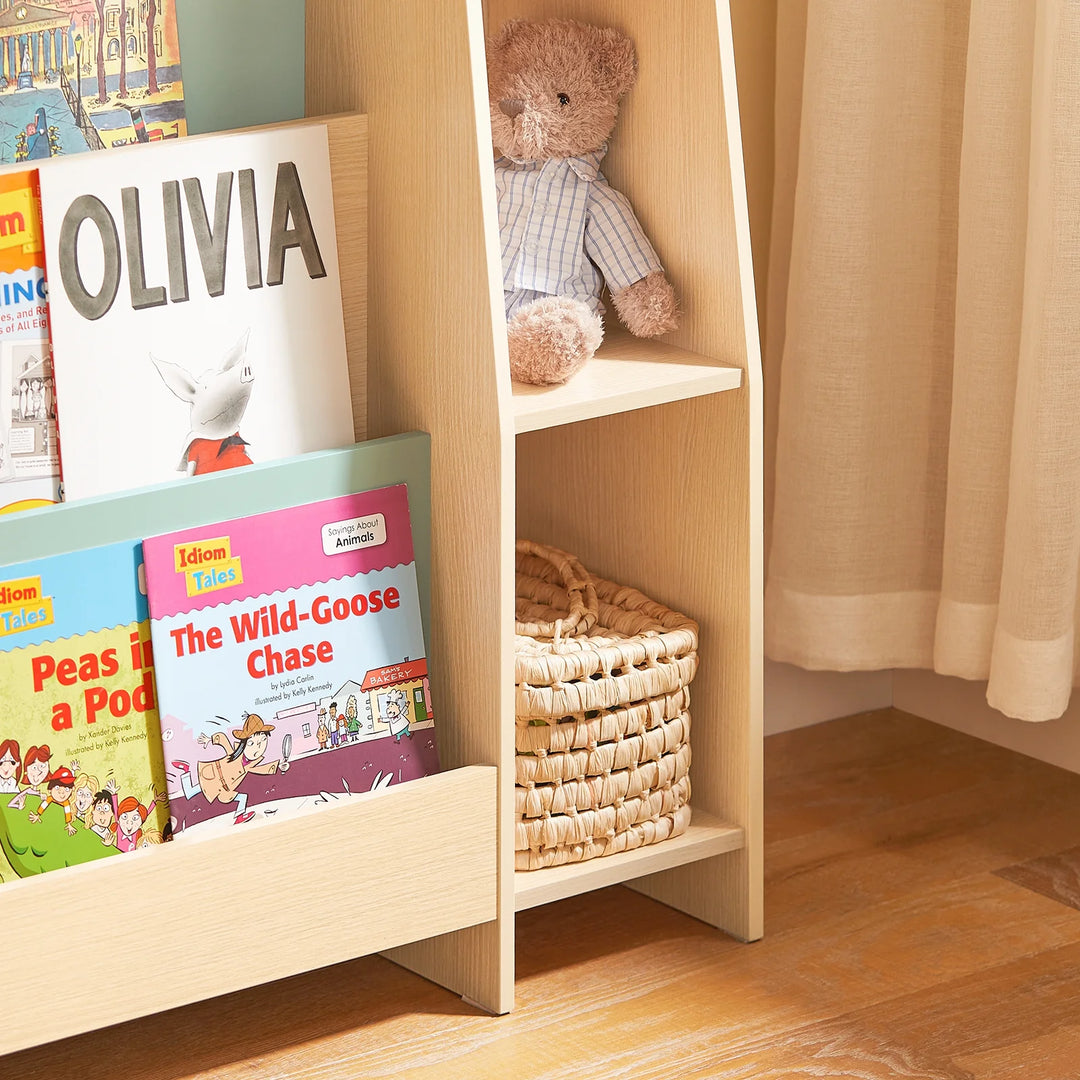 Børnebogreol med 4 hylder, 63x30x90 cm, naturfarvet med grøn