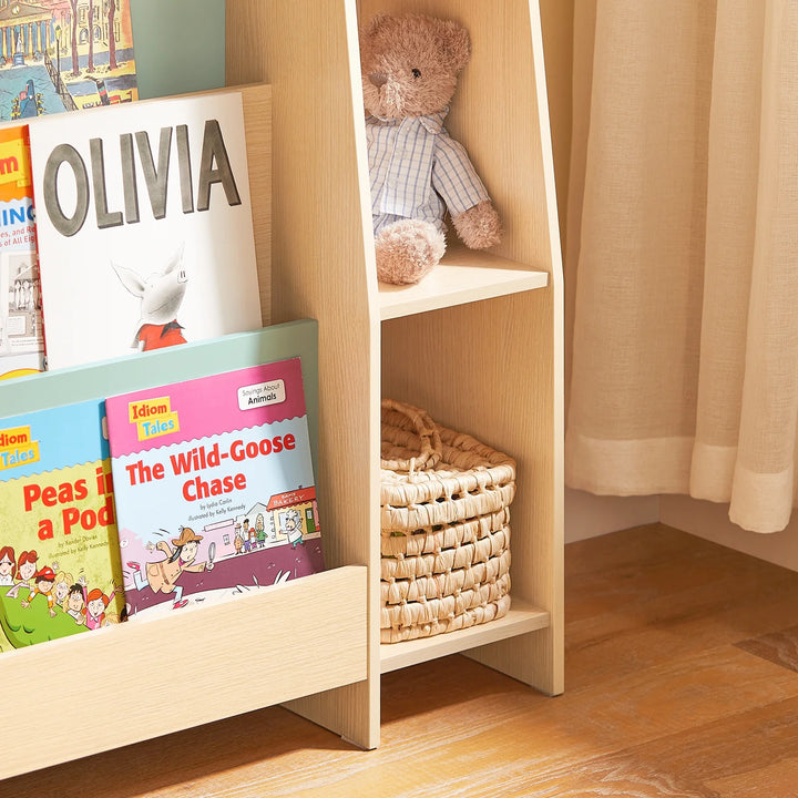 Børnebogreol med 4 hylder, 63x30x90 cm, naturfarvet med grøn