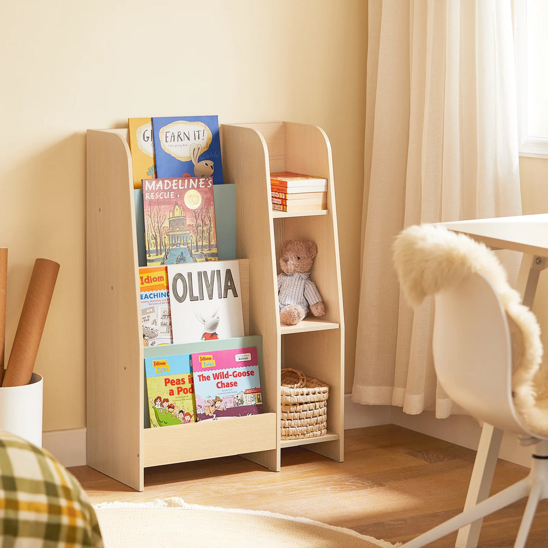 Børnebogreol med 4 hylder, 63x30x90 cm, naturfarvet med grøn