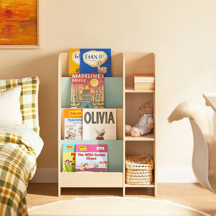 Børnebogreol med 4 hylder, 63x30x90 cm, naturfarvet med grøn