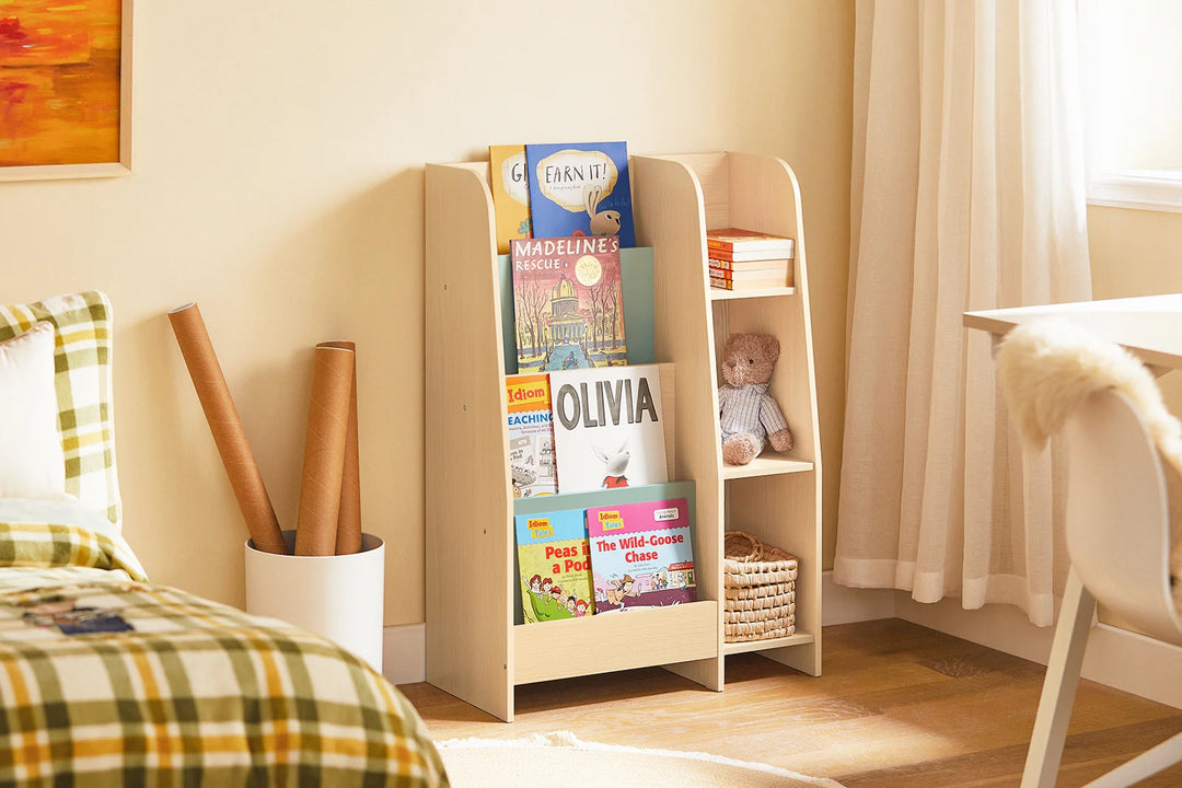 Børnebogreol med 4 hylder, 63x30x90 cm, naturfarvet med grøn