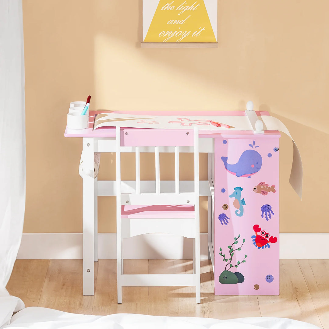 Kreativt bord- og stolesæt til børn med penneholdere og papirrulle