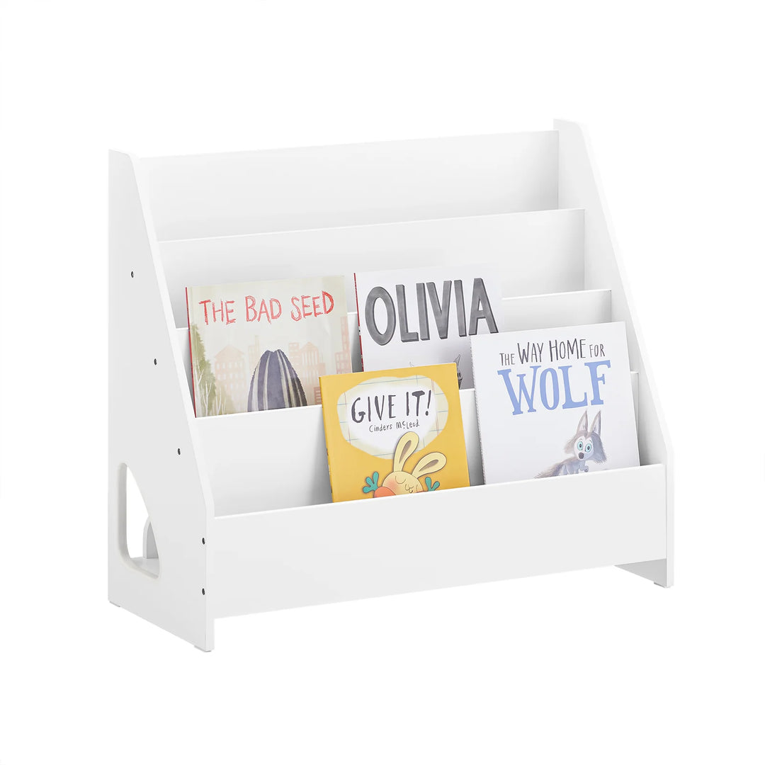 Omdan børneværelset med den trapezformede bogreol i hvid (B70 x D30 x H60 cm)