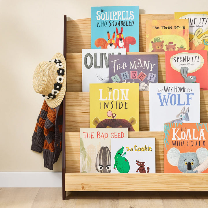 Montessori børnehylde med 4 opbevaringsrum og 2 kroge til legetøj – natur, 91 x 89 x 30 cm