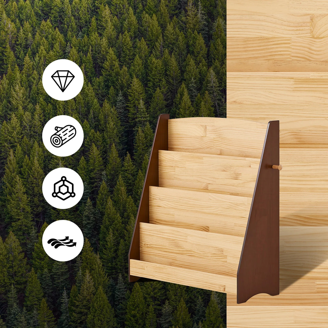 Montessori børnehylde med 4 opbevaringsrum og 2 kroge til legetøj – natur, 91 x 89 x 30 cm