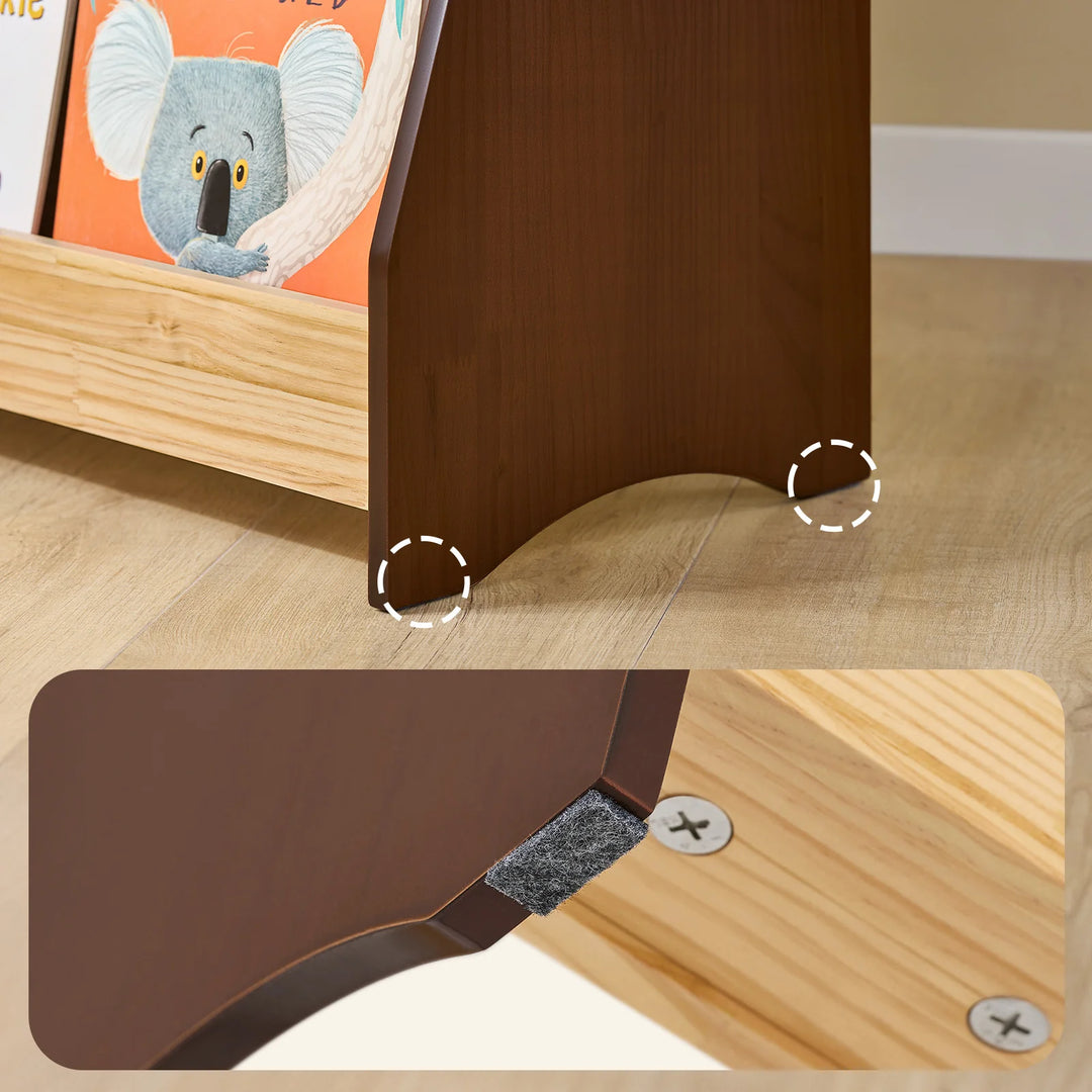 Montessori børnehylde med 4 opbevaringsrum og 2 kroge til legetøj – natur, 91 x 89 x 30 cm