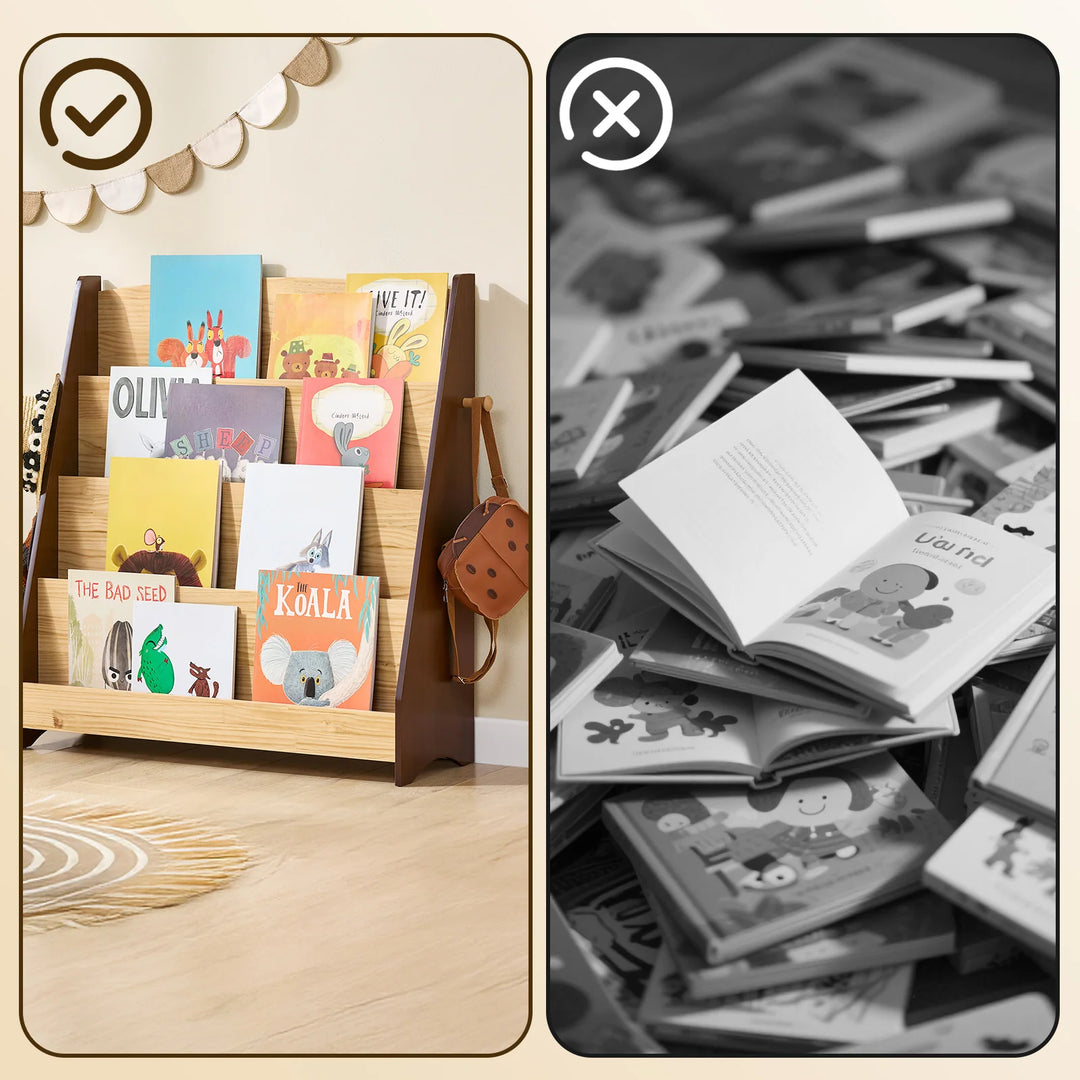 Montessori børnehylde med 4 opbevaringsrum og 2 kroge til legetøj – natur, 91 x 89 x 30 cm