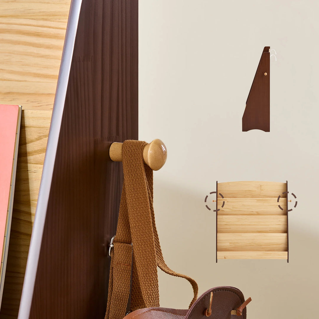 Montessori børnehylde med 4 opbevaringsrum og 2 kroge til legetøj – natur, 91 x 89 x 30 cm