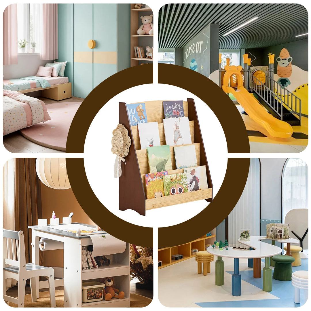 Montessori børnehylde med 4 opbevaringsrum og 2 kroge til legetøj – natur, 91 x 89 x 30 cm