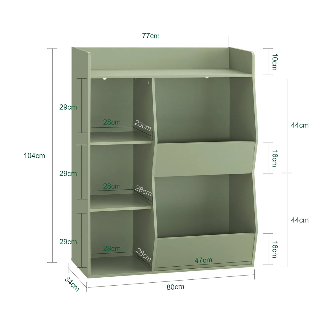 Montessori børnehylde med 5 åbne rum til legetøjsopbevaring – grøn, 80 x 104 x 34 cm