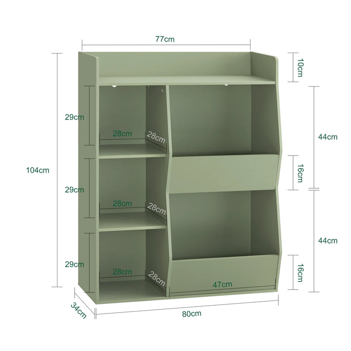 Montessori børnehylde med 5 åbne rum til legetøjsopbevaring – grøn, 80 x 104 x 34 cm
