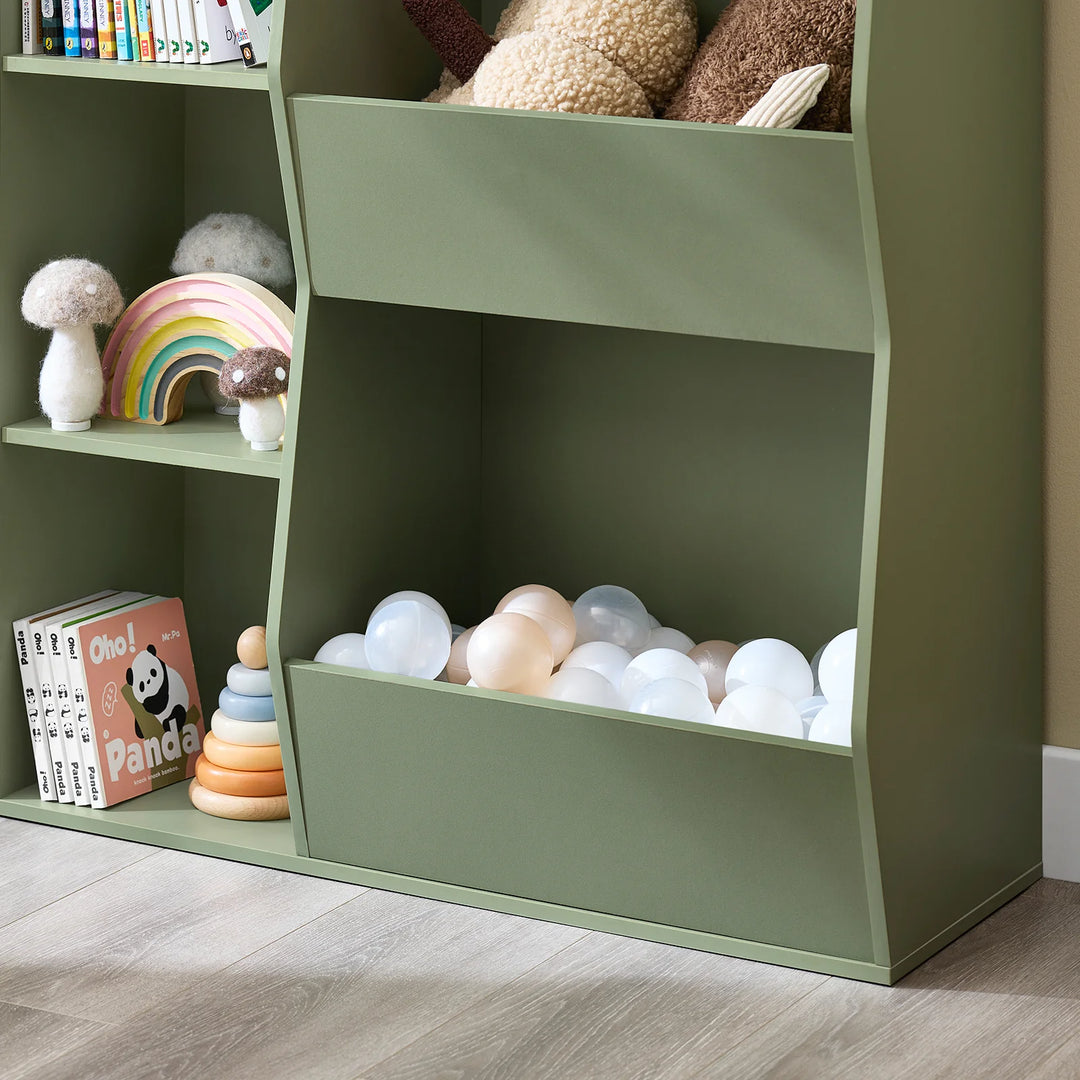 Montessori børnehylde med 5 åbne rum til legetøjsopbevaring – grøn, 80 x 104 x 34 cm