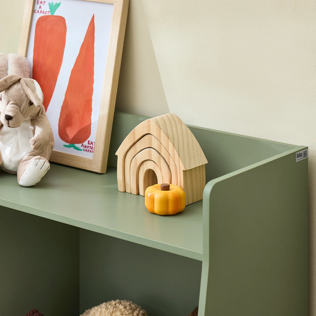 Montessori børnehylde med 5 åbne rum til legetøjsopbevaring – grøn, 80 x 104 x 34 cm