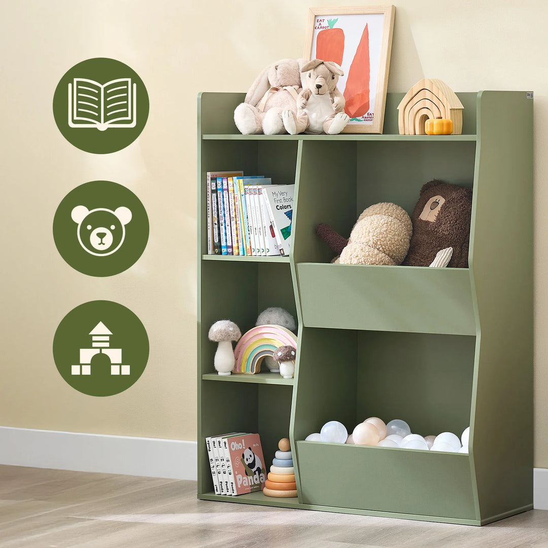 Montessori børnehylde med 5 åbne rum til legetøjsopbevaring – grøn, 80 x 104 x 34 cm