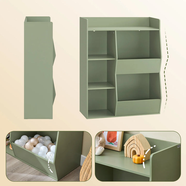 Montessori børnehylde med 5 åbne rum til legetøjsopbevaring – grøn, 80 x 104 x 34 cm