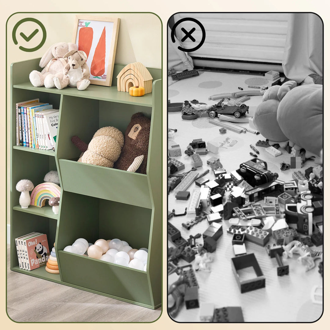 Montessori børnehylde med 5 åbne rum til legetøjsopbevaring – grøn, 80 x 104 x 34 cm